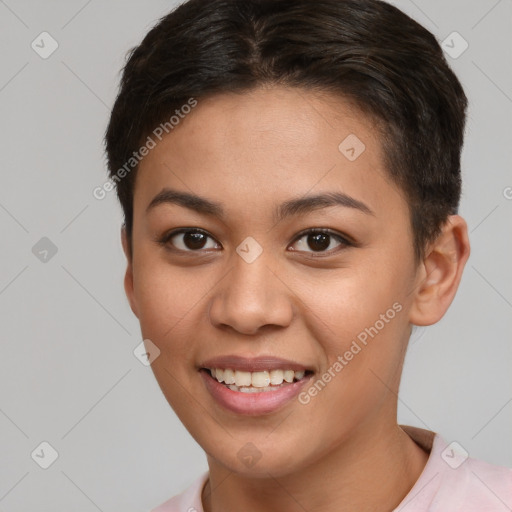 Joyful white young-adult female with short  brown hair and brown eyes