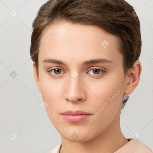 Neutral white young-adult female with short  brown hair and brown eyes