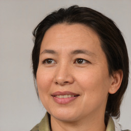 Joyful white adult female with medium  brown hair and brown eyes