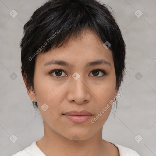 Joyful white young-adult female with medium  brown hair and brown eyes