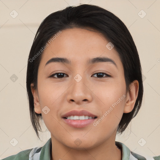 Joyful white young-adult female with medium  black hair and brown eyes