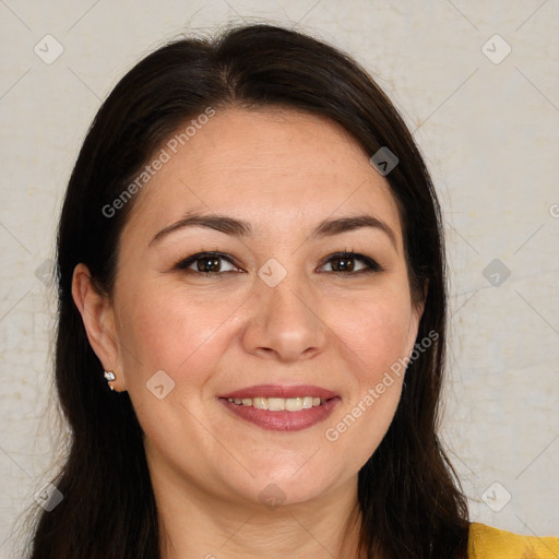 Joyful white adult female with medium  brown hair and brown eyes