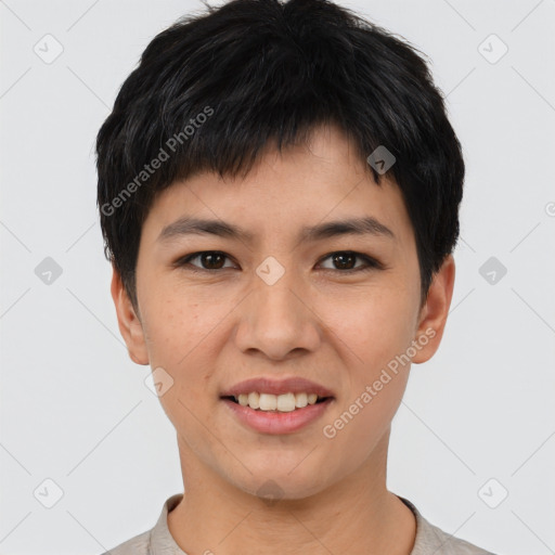 Joyful asian young-adult female with short  brown hair and brown eyes