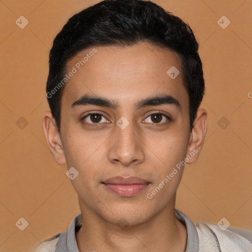 Neutral latino young-adult male with short  black hair and brown eyes