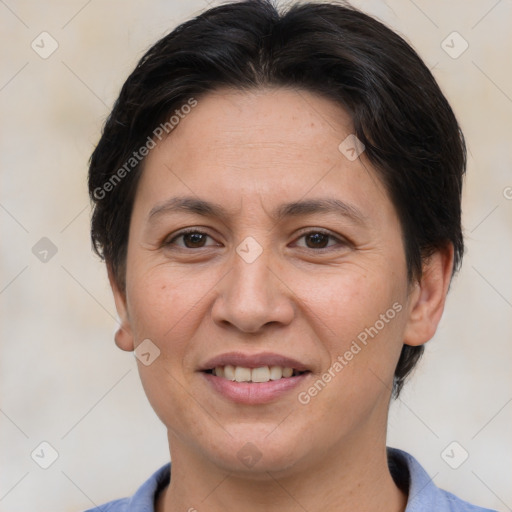 Joyful white adult female with short  brown hair and brown eyes