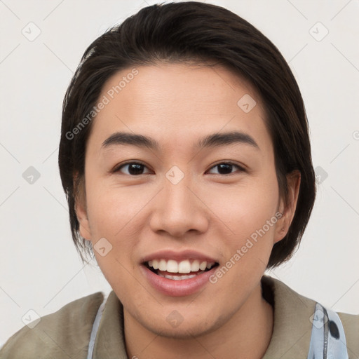 Joyful white young-adult female with short  brown hair and brown eyes