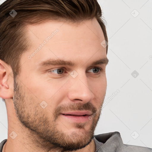 Neutral white young-adult male with short  brown hair and grey eyes