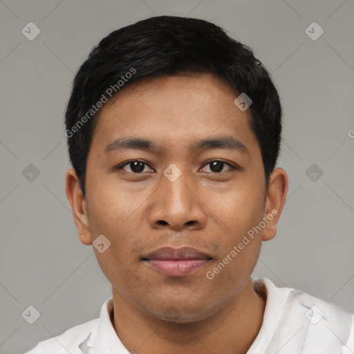 Neutral asian young-adult male with short  black hair and brown eyes