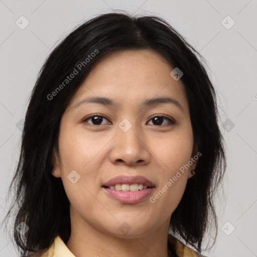 Joyful latino young-adult female with medium  brown hair and brown eyes