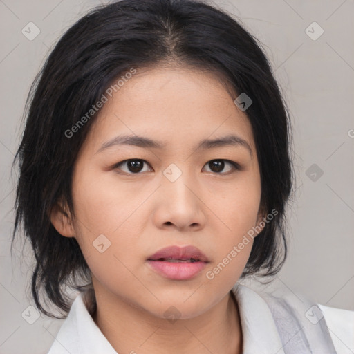 Neutral asian young-adult female with medium  brown hair and brown eyes