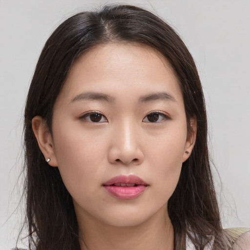 Neutral asian young-adult female with long  brown hair and brown eyes