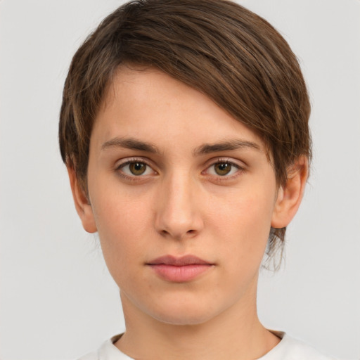 Neutral white young-adult female with short  brown hair and brown eyes