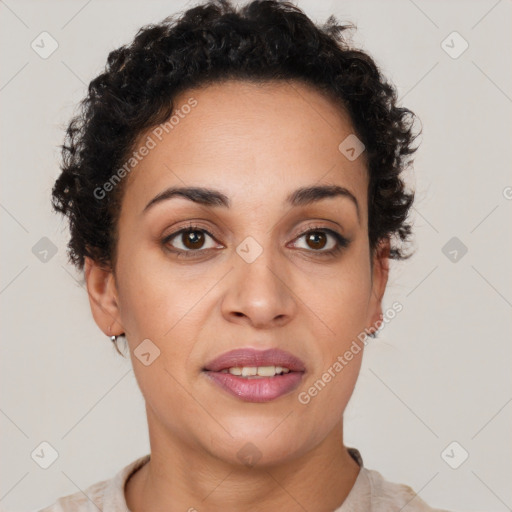 Joyful latino young-adult female with short  brown hair and brown eyes