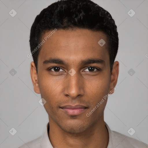 Neutral latino young-adult male with short  black hair and brown eyes