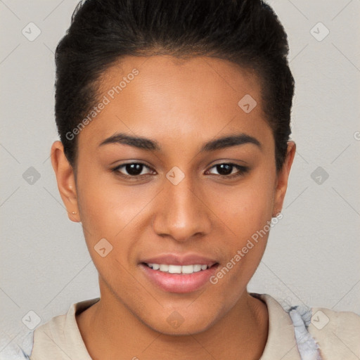 Joyful white young-adult female with short  brown hair and brown eyes