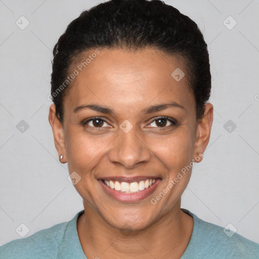 Joyful white young-adult female with short  brown hair and brown eyes