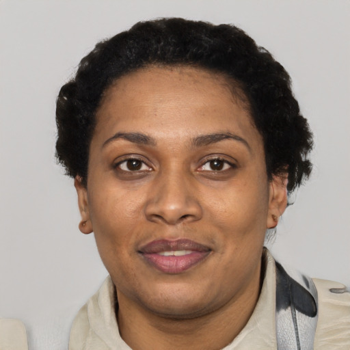 Joyful black adult female with short  black hair and brown eyes