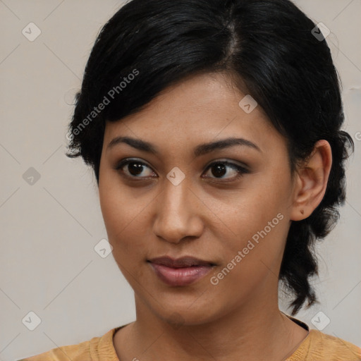 Joyful latino young-adult female with medium  black hair and brown eyes