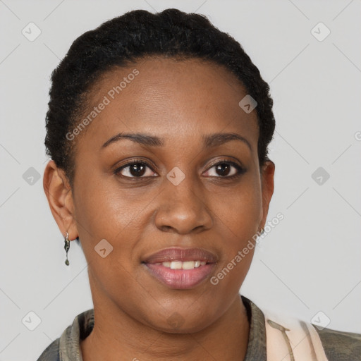 Joyful black young-adult female with short  brown hair and brown eyes