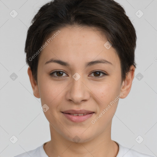 Joyful white young-adult female with short  brown hair and brown eyes