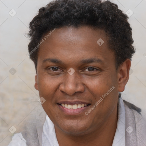 Joyful black adult male with short  brown hair and brown eyes