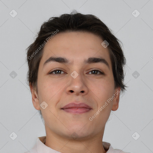 Neutral white young-adult male with short  brown hair and brown eyes