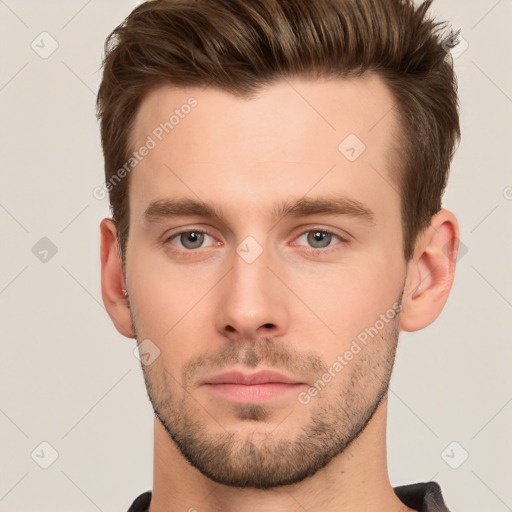 Neutral white young-adult male with short  brown hair and brown eyes