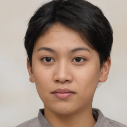 Neutral asian young-adult female with short  black hair and brown eyes