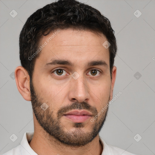 Neutral white young-adult male with short  brown hair and brown eyes