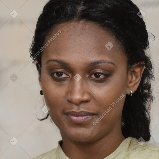 Joyful black young-adult female with medium  black hair and brown eyes