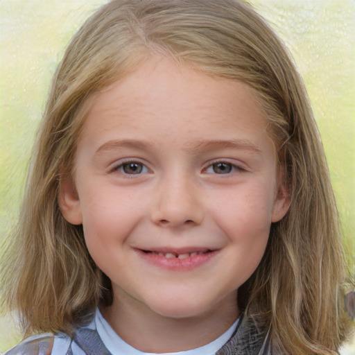 Joyful white child female with medium  brown hair and grey eyes