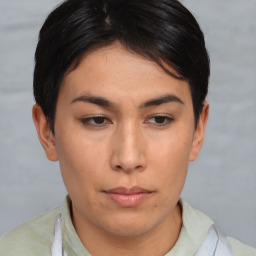 Neutral asian young-adult female with short  brown hair and brown eyes