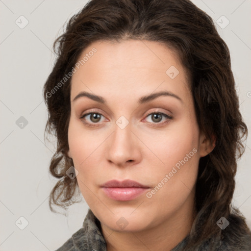 Neutral white young-adult female with medium  brown hair and brown eyes