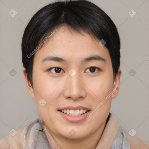 Joyful asian young-adult female with short  brown hair and brown eyes