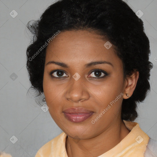 Joyful black young-adult female with medium  black hair and brown eyes