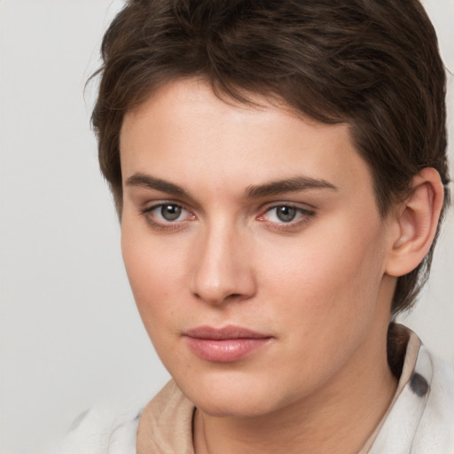 Neutral white young-adult female with medium  brown hair and brown eyes