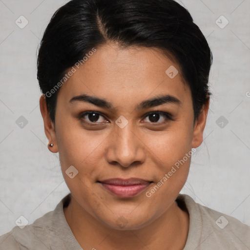 Joyful asian young-adult female with short  brown hair and brown eyes