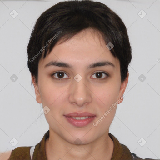 Joyful white young-adult female with short  brown hair and brown eyes