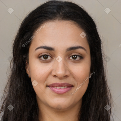 Joyful latino young-adult female with long  brown hair and brown eyes