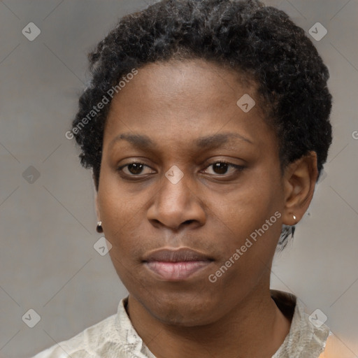 Neutral black young-adult female with short  brown hair and brown eyes