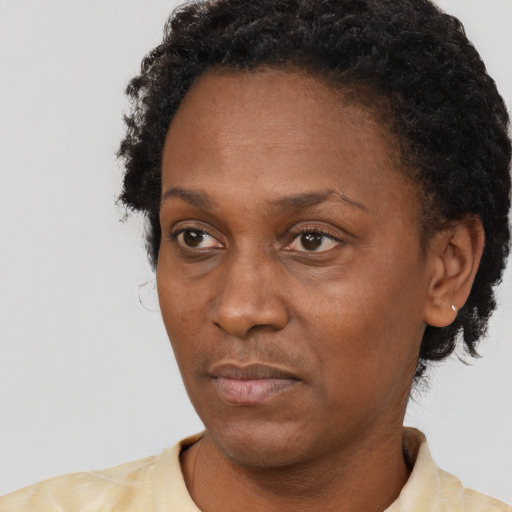 Neutral black adult female with short  black hair and brown eyes