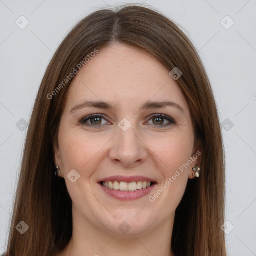 Joyful white young-adult female with long  brown hair and grey eyes