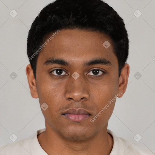 Neutral latino young-adult male with short  black hair and brown eyes
