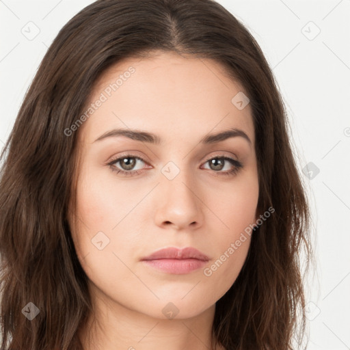 Neutral white young-adult female with long  brown hair and brown eyes