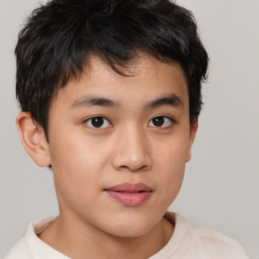 Joyful white child male with short  brown hair and brown eyes