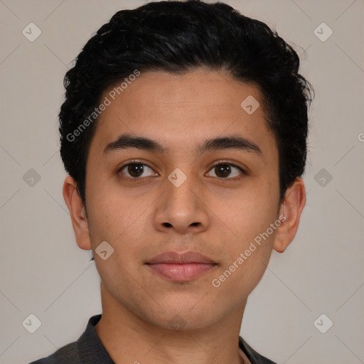 Neutral latino young-adult male with short  black hair and brown eyes