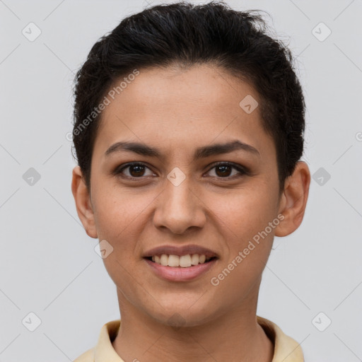 Joyful white young-adult female with short  brown hair and brown eyes