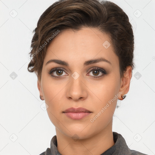 Neutral white young-adult female with short  brown hair and brown eyes