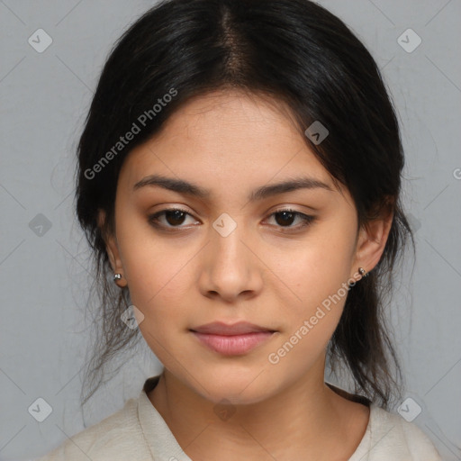 Neutral asian young-adult female with medium  brown hair and brown eyes