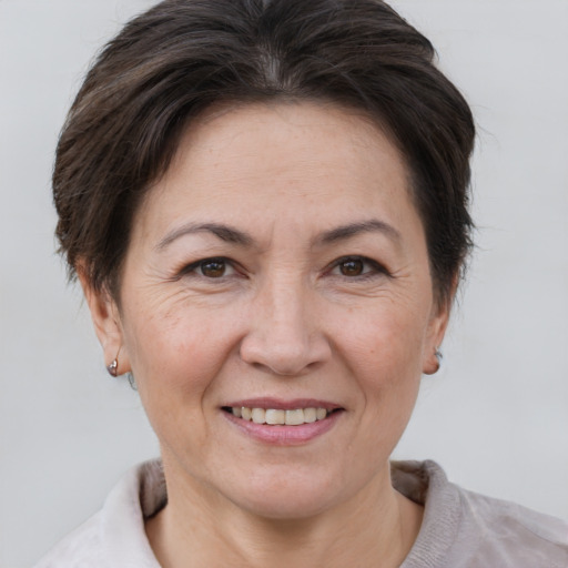 Joyful white adult female with short  brown hair and brown eyes